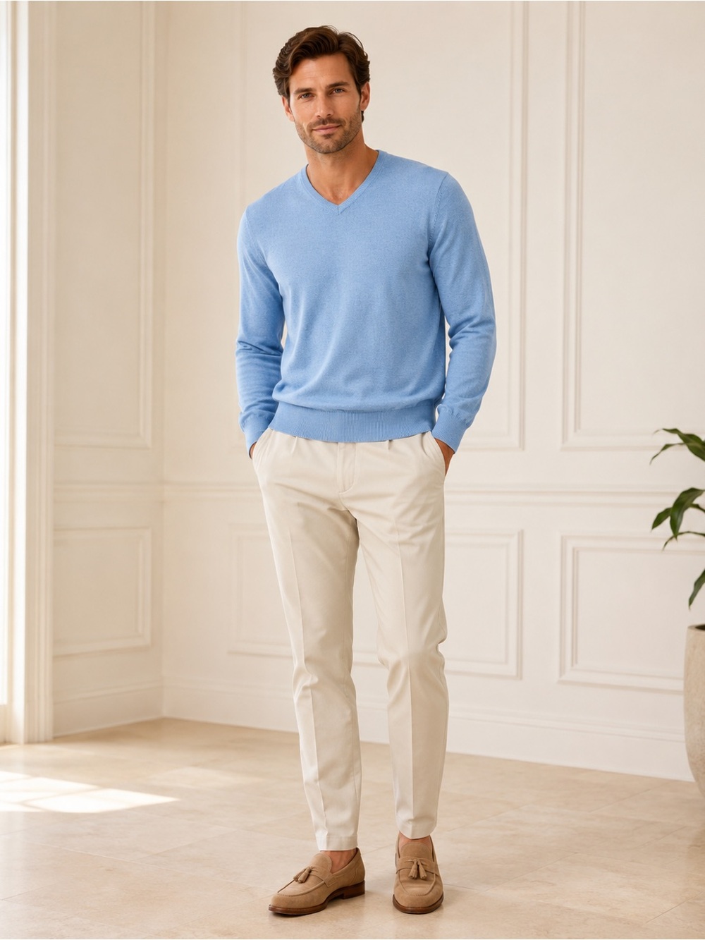 Peter Millar Light Blue V-Neck Sweater Silk Cotton Cashmere Blend Luxury Size XL